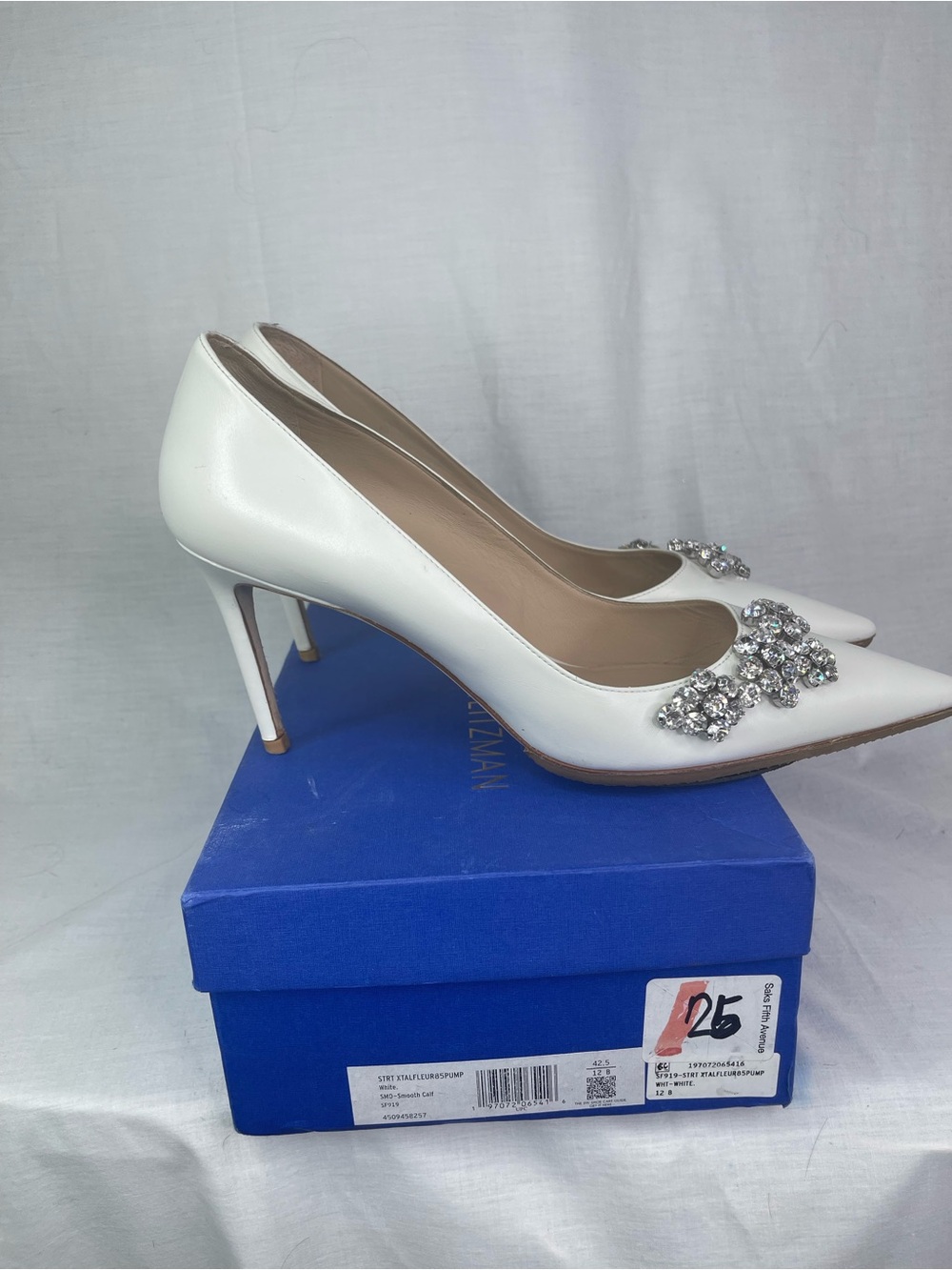 Stuart Weitzman Xta Fleur 85 Crystal Pumps White Leather Heels Size 12